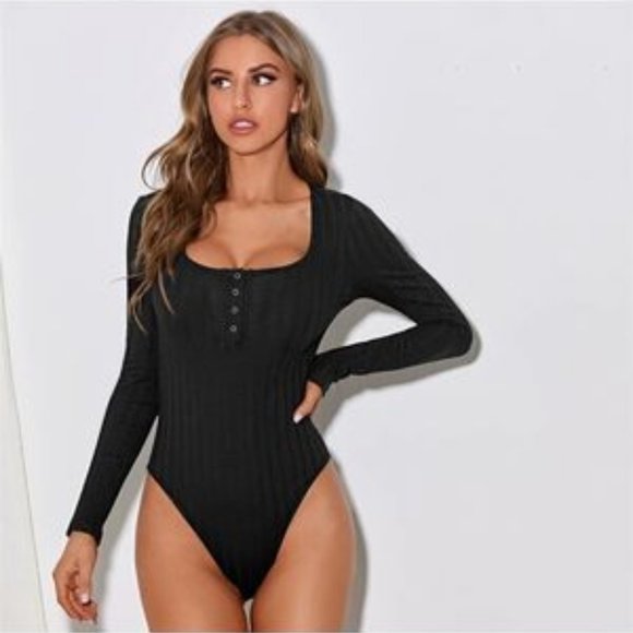 SHEIN Tops - SHEIN Black Ribbed Bodysuit Long Sleeve Gold
